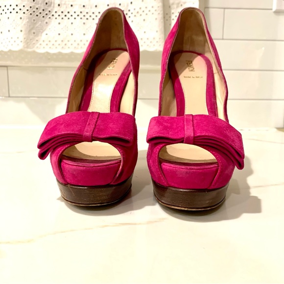 Fendi authentic fuchsia peep toe bow platform stacked heel pump 38 size 8 - Picture 14 of 15